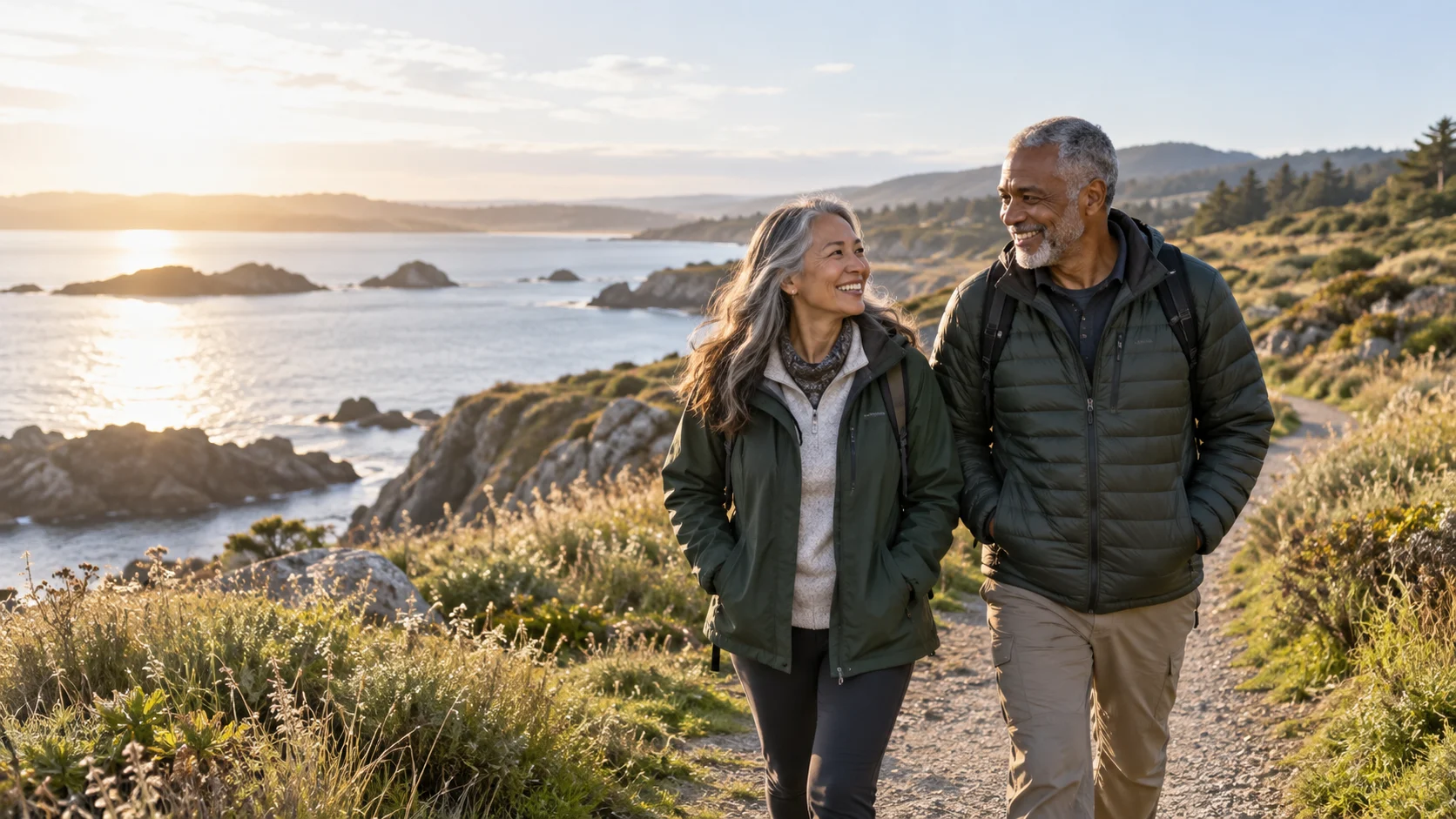An older couple enjoying a sunlit coastal walking trail