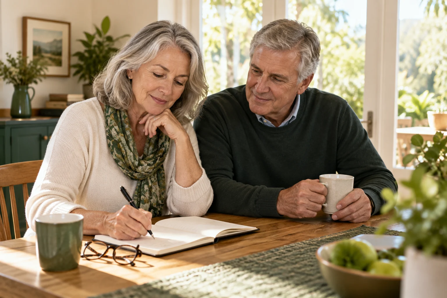 An older couple organizing their questions together at a dining table